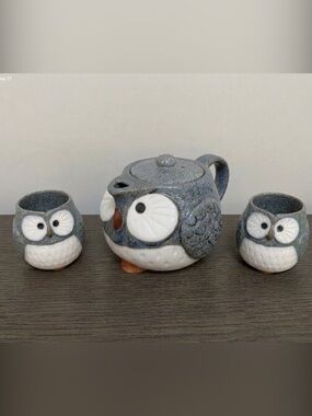 Blue Ceramic Owl Tea Set -Ceramic Teapot and 2 Cup